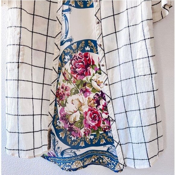 Soft Surroundings Windowpane Plaid/ Floral‎ Tunic Shirt Top Blouse Duster Small - Picture 8 of 12